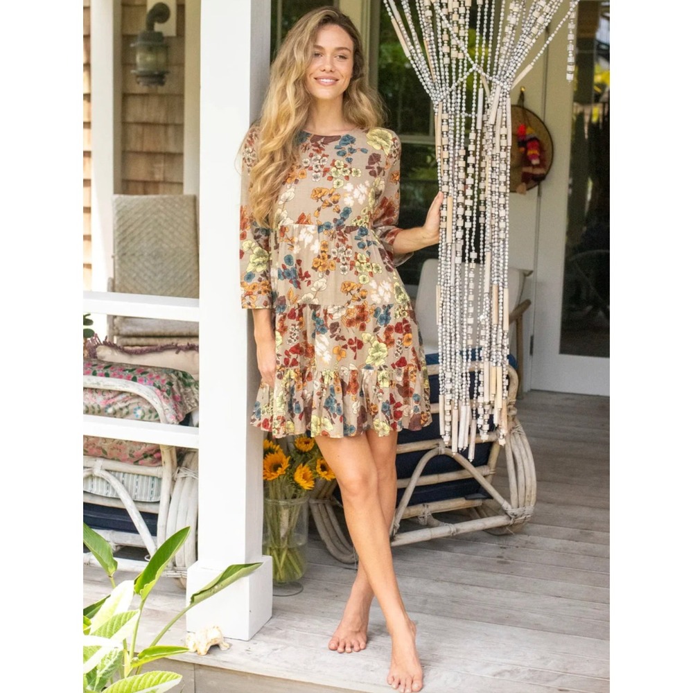 Natural Life Heidi Fall Floral Mini Dress Tiered Babydoll Tan Brown Size Small